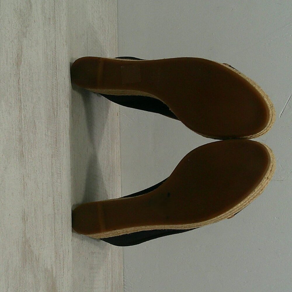 Tory Burch Majorca Peep Toe Wedge Canvas Black Tan Espadrille SZ 38.5 | 8.5 M - Picture 11 of 12